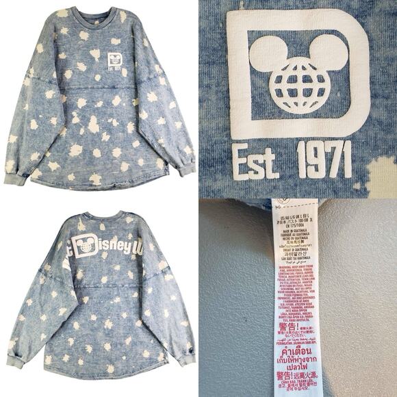 Disney World Denim Bleach Spirit Jersey Blue Oversized Long Sleeve Size Large - Picture 1 of 11